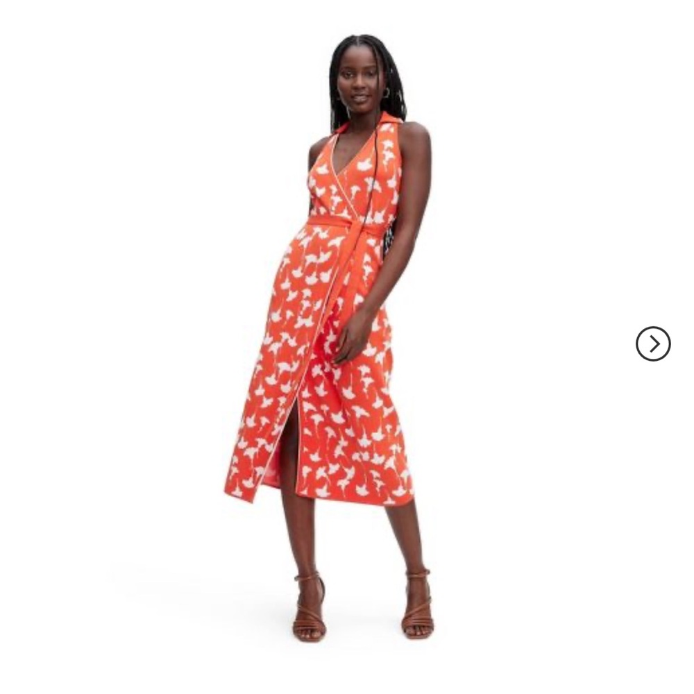 Women's Collared Sleeveless Ginkgo Cherry Tomato Sweaterknit Midi Wrap Dress